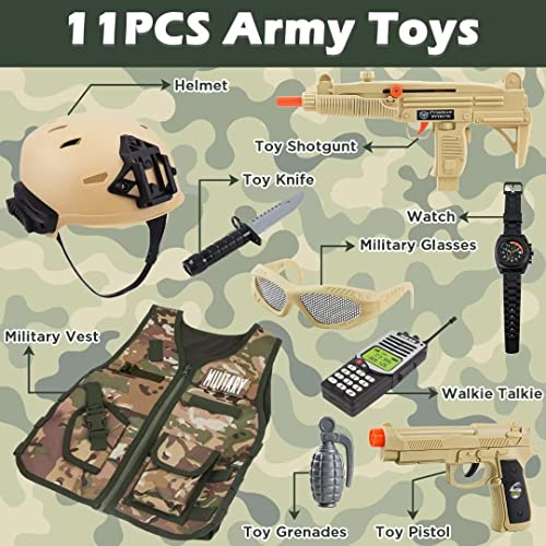 deAO Military Soldier Camouflage Desert War Costume Set with Helmet, Toy Shotgun, Grenades, Accessories and Storage Backpack - Great for Kids