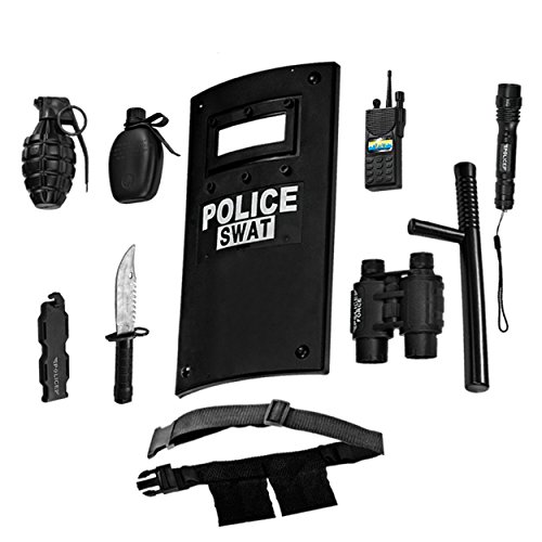 Dress Up America Police Officer SWAT Role Play Set For Kids - Play Accessory Set – Police Force Set Includes Plastic Sword and Binoculars Shield, Adjustable Belt, Flashlight & More, Black and White