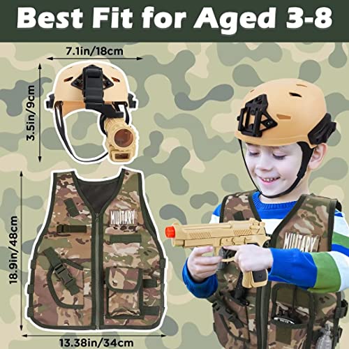 deAO Military Soldier Camouflage Desert War Costume Set with Helmet, Toy Shotgun, Grenades, Accessories and Storage Backpack - Great for Kids