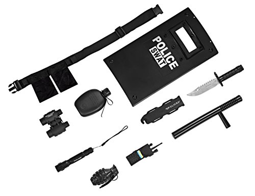 Dress Up America Police Officer SWAT Role Play Set For Kids - Play Accessory Set – Police Force Set Includes Plastic Sword and Binoculars Shield, Adjustable Belt, Flashlight & More, Black and White