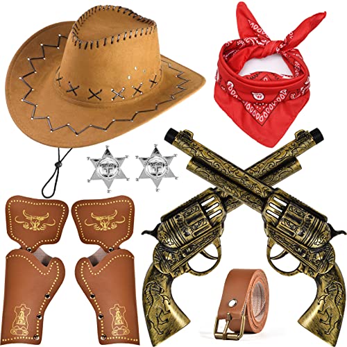 vamei 9 Pieces Cowboy Costume Accessories for Boys Girls Kids Cowboy Hat Bandanna Metal Sheriff Badge Belt Holster Western Cowboy Outfit Kit for Halloween Party Dress Up Pretend Play