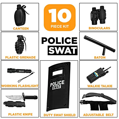 Dress Up America Police Officer SWAT Role Play Set For Kids - Play Accessory Set – Police Force Set Includes Plastic Sword and Binoculars Shield, Adjustable Belt, Flashlight & More, Black and White