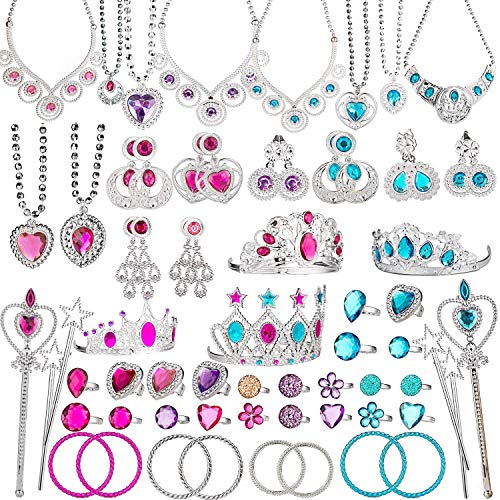 BeYumi 66 Pcs Princess Jewelry Dress-Up Accessories Toy Set With Princess Tiara, Necklace, Earrings, Rings, Wand, Bracelets, Pretend Play Jewelry Gift Set for Girls Birthday Party Favor