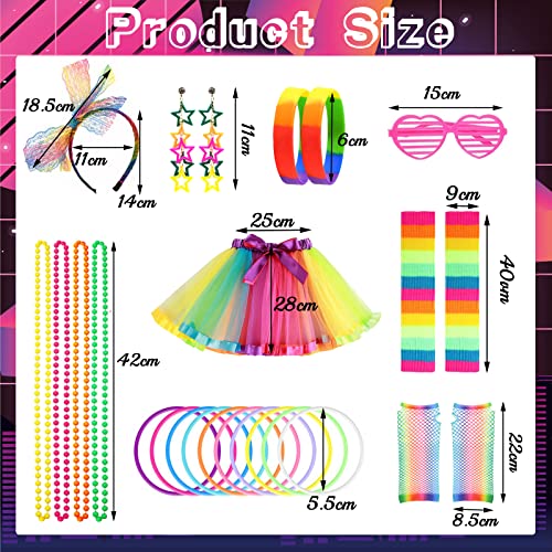 80s Fancy Dress for Women Girls, 1980s Party Rainbow Costume Accessories Set Tutu Skirt Leg Warmers Fishnet Gloves Glasses Earrings Bracelet Necklace Headband, Retro Outfit for 80s Party, Dress up Day