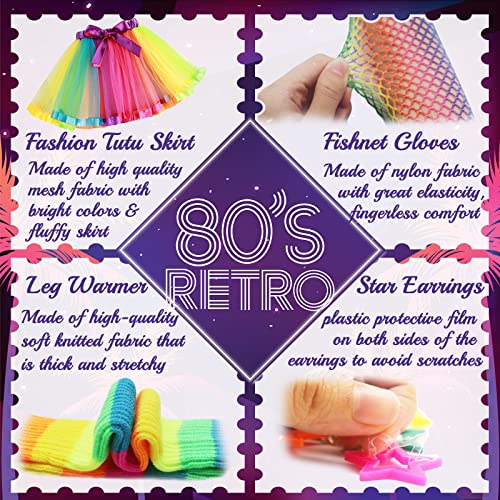 80s Fancy Dress for Women Girls, 1980s Party Rainbow Costume Accessories Set Tutu Skirt Leg Warmers Fishnet Gloves Glasses Earrings Bracelet Necklace Headband, Retro Outfit for 80s Party, Dress up Day
