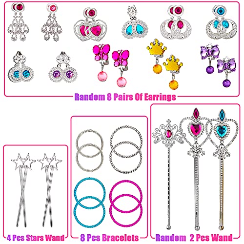 BeYumi 66 Pcs Princess Jewelry Dress-Up Accessories Toy Set With Princess Tiara, Necklace, Earrings, Rings, Wand, Bracelets, Pretend Play Jewelry Gift Set for Girls Birthday Party Favor