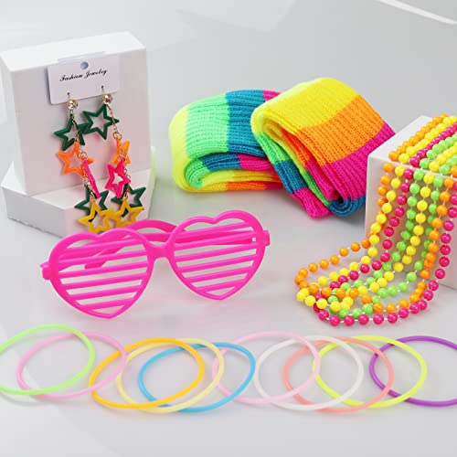 80s Fancy Dress for Women Girls, 1980s Party Rainbow Costume Accessories Set Tutu Skirt Leg Warmers Fishnet Gloves Glasses Earrings Bracelet Necklace Headband, Retro Outfit for 80s Party, Dress up Day