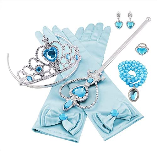 Vicloon Elsa Dress Up Accessories Set of 9, Elsa Gloves, Princess Crown, Ring, Earring, Magic Wand and Necklace (Blue)