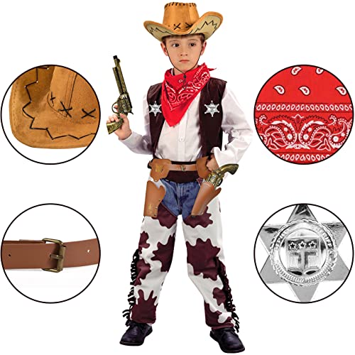 vamei 9 Pieces Cowboy Costume Accessories for Boys Girls Kids Cowboy Hat Bandanna Metal Sheriff Badge Belt Holster Western Cowboy Outfit Kit for Halloween Party Dress Up Pretend Play