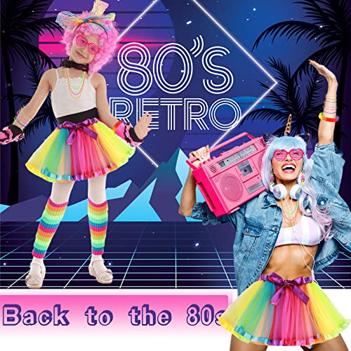80s Fancy Dress for Women Girls, 1980s Party Rainbow Costume Accessories Set Tutu Skirt Leg Warmers Fishnet Gloves Glasses Earrings Bracelet Necklace Headband, Retro Outfit for 80s Party, Dress up Day