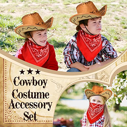 vamei 9 Pieces Cowboy Costume Accessories for Boys Girls Kids Cowboy Hat Bandanna Metal Sheriff Badge Belt Holster Western Cowboy Outfit Kit for Halloween Party Dress Up Pretend Play