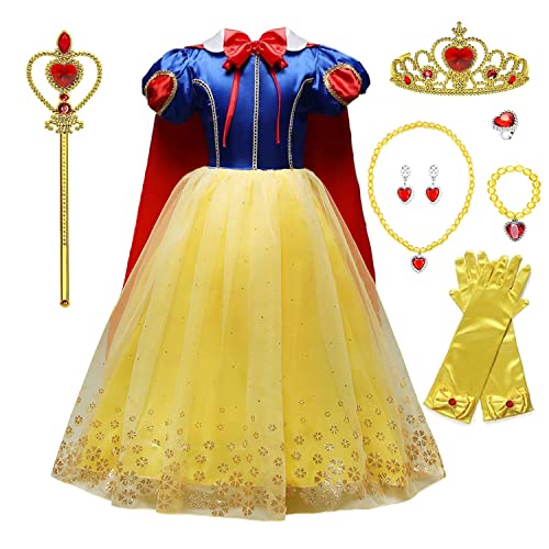 Beejirm Girl Snow White Costume with Princess Crown Wand Accessory, Princess Dress Up Carnival Birthday Party Fancy Dress (110 3-4Years)