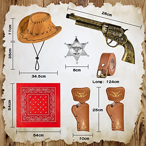 vamei 9 Pieces Cowboy Costume Accessories for Boys Girls Kids Cowboy Hat Bandanna Metal Sheriff Badge Belt Holster Western Cowboy Outfit Kit for Halloween Party Dress Up Pretend Play