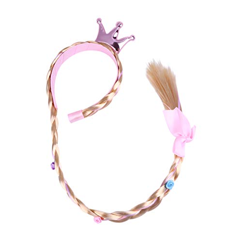 TOYANDONA Kids Crown Headband Long Hair Princess Hairpiece Cosplay Braided Wigs for Girls Princess Dress Up Accessories Rosy