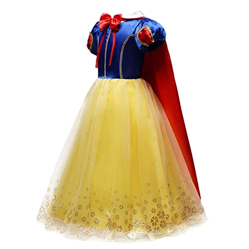 Beejirm Girl Snow White Costume with Princess Crown Wand Accessory, Princess Dress Up Carnival Birthday Party Fancy Dress (110 3-4Years)