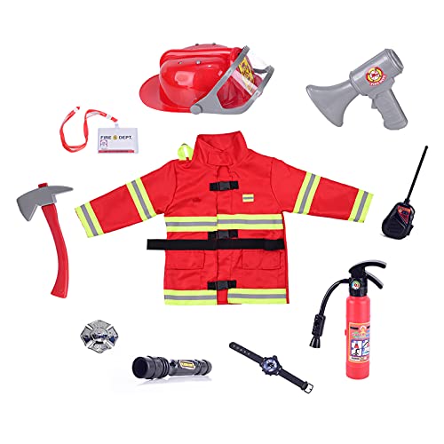 Lesheng space 10 piece Fireman Costume for Kids Firefighter pretend Role Play Dress-Up Kit for Children Fire Chief outfit with Accessories