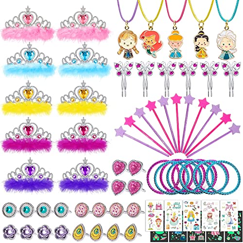 vamei 80pcs Princess Party Bag Fillers for Girls Princess Dress Up Pretend Play Jewellery Toy Princess Crown Star Wand Butterfly Hair Clips Tattoos Princess Accessories Party Favours for Kids Girls