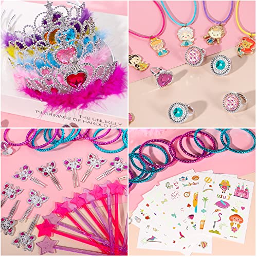 vamei 80pcs Princess Party Bag Fillers for Girls Princess Dress Up Pretend Play Jewellery Toy Princess Crown Star Wand Butterfly Hair Clips Tattoos Princess Accessories Party Favours for Kids Girls