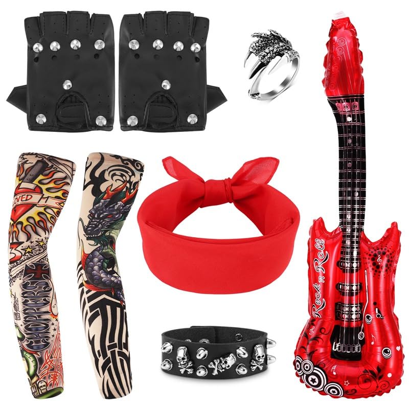 Heyu-Lotus 8 Pcs Punk Gothic Rocker Costume Set Disco Rock Star Fancy Dress Kids Boys and Girls Costume Accessories with Gloves, ring, Bracelet, Bandana for Women Men Adult Halloween Party Supplies