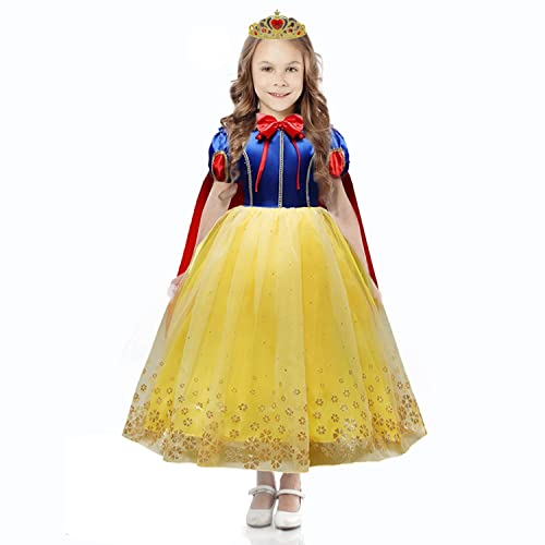 Beejirm Girl Snow White Costume with Princess Crown Wand Accessory, Princess Dress Up Carnival Birthday Party Fancy Dress (110 3-4Years)