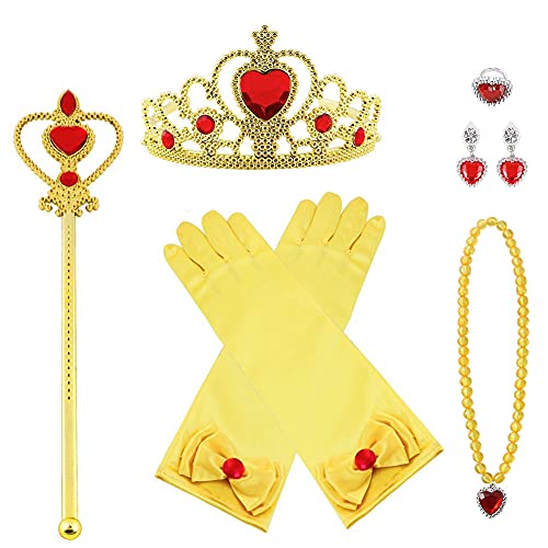 Vicloon Elsa Dress Up Accessories Set, 7 Pcs Princess Dress-up Party Accessories for Girls with Elsa Gloves, Princess Tiara, Earring, Magic Wand, Necklace(Yellow)