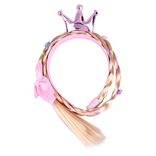 TOYANDONA Kids Crown Headband Long Hair Princess Hairpiece Cosplay Braided Wigs for Girls Princess Dress Up Accessories Rosy