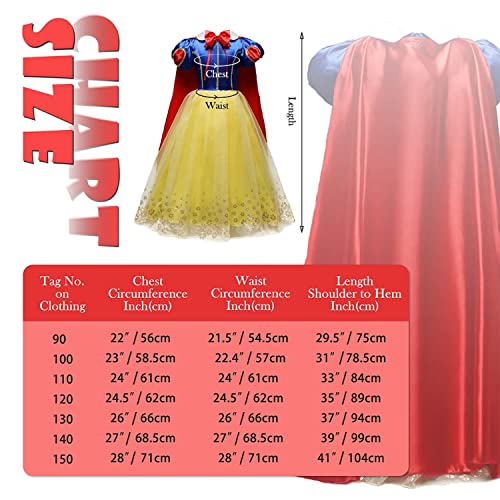 Beejirm Girl Snow White Costume with Princess Crown Wand Accessory, Princess Dress Up Carnival Birthday Party Fancy Dress (110 3-4Years)