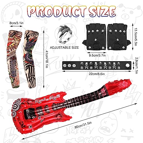 Heyu-Lotus 8 Pcs Punk Gothic Rocker Costume Set Disco Rock Star Fancy Dress Kids Boys and Girls Costume Accessories with Gloves, ring, Bracelet, Bandana for Women Men Adult Halloween Party Supplies
