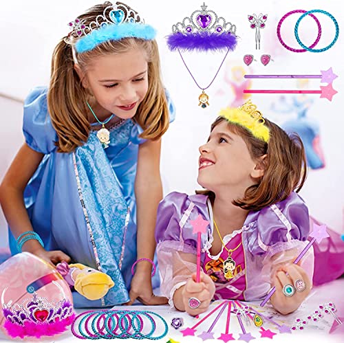 vamei 80pcs Princess Party Bag Fillers for Girls Princess Dress Up Pretend Play Jewellery Toy Princess Crown Star Wand Butterfly Hair Clips Tattoos Princess Accessories Party Favours for Kids Girls