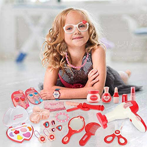 Sanlebi Pretend Makeup Set Jewelry Kit Princess Dress Up Kids Hairdressing Gift For 3 Year olds girls, 28 Pcs