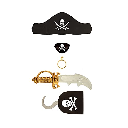 KOC Kids 5 Piece Pirate Set Caribbean Pirate Fancy Dress Costume Accessory Kit for Halloween, Pretend Role Play Set Includes Pirate Hat, Cutlass Sword, Earring, Eyepatch and Hand Hook
