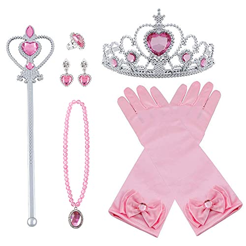 Vicloon Princess Costumes Set of 8 Pieces Gift From Princess Crown, Gloves, Magic Wand, Necklace, Ring, Earrings for 3-9 Years