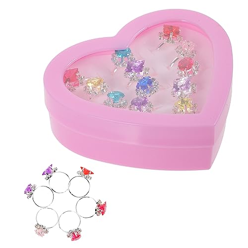 TOYANDONA 12Pcs Little Girl Adjustable Rings in Box, Kids Jewelry Rings Set with Heart Shape Display Case Girl Pretend Play and Dress up Rings Princess Dress up Party Favors Girls Toys