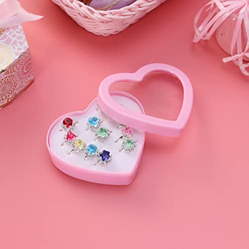 TOYANDONA 12Pcs Little Girl Adjustable Rings in Box, Kids Jewelry Rings Set with Heart Shape Display Case Girl Pretend Play and Dress up Rings Princess Dress up Party Favors Girls Toys