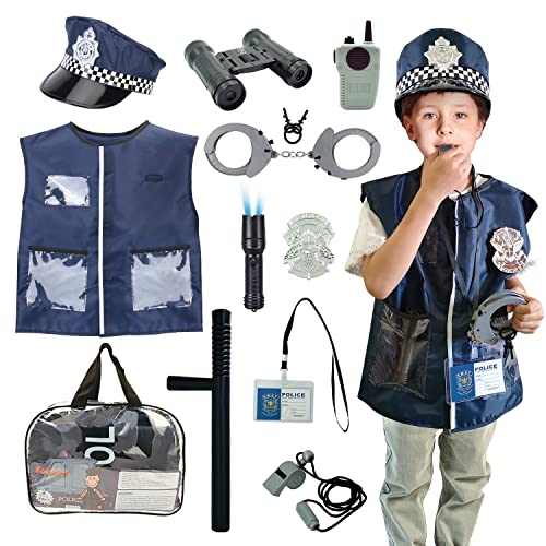 Kobeela Police Costume for Kids, Police Officer Dress Up Outfit with Vest, Hat, Toy Accessories for 3-6 Years Old Boys and Girls Halloween Role Play, Christmas Gifts