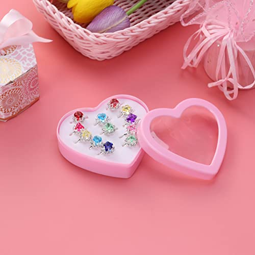 TOYANDONA 12Pcs Little Girl Adjustable Rings in Box, Kids Jewelry Rings Set with Heart Shape Display Case Girl Pretend Play and Dress up Rings Princess Dress up Party Favors Girls Toys