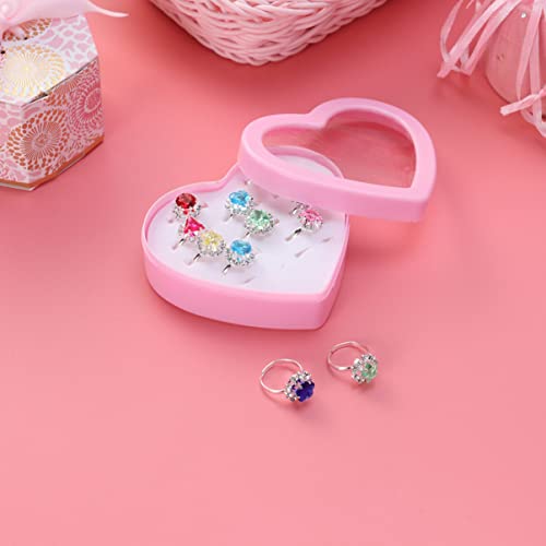 TOYANDONA 12Pcs Little Girl Adjustable Rings in Box, Kids Jewelry Rings Set with Heart Shape Display Case Girl Pretend Play and Dress up Rings Princess Dress up Party Favors Girls Toys