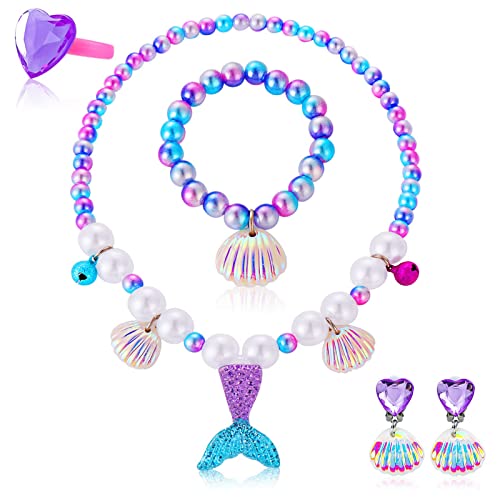 Kids Mermaid Jewelry Set, Mermaid Tail Necklace Bracelet Ring Earrings, Mermaid Princess Dress Up Set, Mermaid Jewellery for Girls, Kids Jewelry Toys Set for Mermaid Dress Up, Party, Birthday Gifts