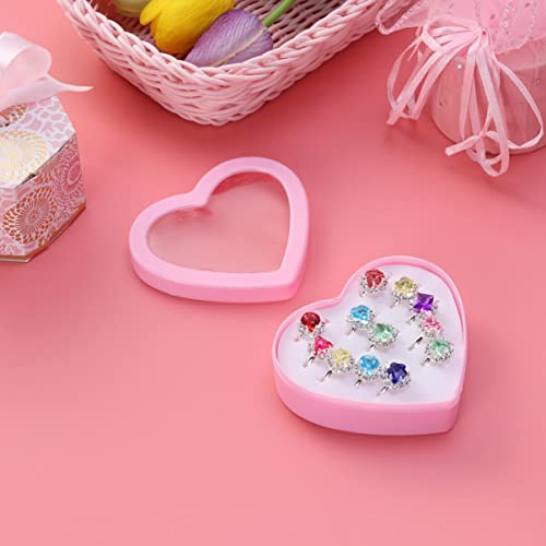 TOYANDONA 12Pcs Little Girl Adjustable Rings in Box, Kids Jewelry Rings Set with Heart Shape Display Case Girl Pretend Play and Dress up Rings Princess Dress up Party Favors Girls Toys