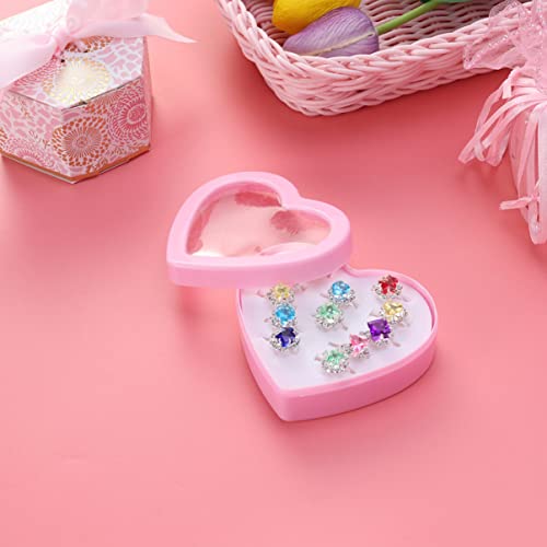 TOYANDONA 12Pcs Little Girl Adjustable Rings in Box, Kids Jewelry Rings Set with Heart Shape Display Case Girl Pretend Play and Dress up Rings Princess Dress up Party Favors Girls Toys