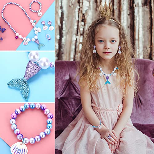 Kids Mermaid Jewelry Set, Mermaid Tail Necklace Bracelet Ring Earrings, Mermaid Princess Dress Up Set, Mermaid Jewellery for Girls, Kids Jewelry Toys Set for Mermaid Dress Up, Party, Birthday Gifts