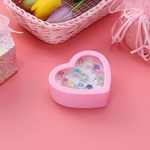 TOYANDONA 12Pcs Little Girl Adjustable Rings in Box, Kids Jewelry Rings Set with Heart Shape Display Case Girl Pretend Play and Dress up Rings Princess Dress up Party Favors Girls Toys