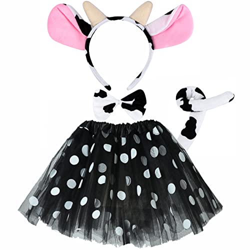 Ailesiy Pink Cow Costume Set with Black White Polka Dot Tutu Skirt Cow Ear Headband Tail Bow Tie Cow Cosplay Set Dress Up Halloween Cosplay Party Accessories for Boys Girls