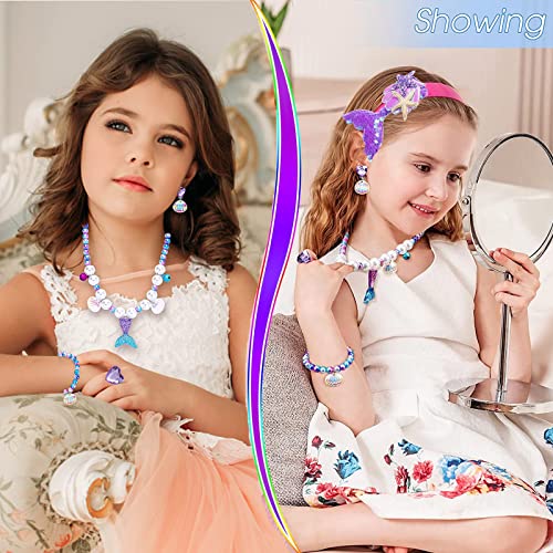 Kids Mermaid Jewelry Set, Mermaid Tail Necklace Bracelet Ring Earrings, Mermaid Princess Dress Up Set, Mermaid Jewellery for Girls, Kids Jewelry Toys Set for Mermaid Dress Up, Party, Birthday Gifts