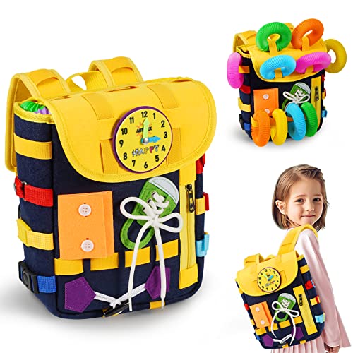 AstarX Toddler Busy Board,30-IN-1 Backpack Learning Activity Toys with 10 Pcs Pop Tubes Fidget Toys for Kids 1 2 3 Years Old