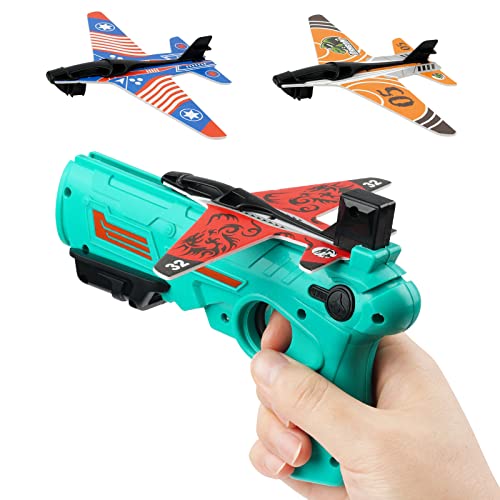 OSDUE Airplane Launcher Toys Set, 3PCS Foam Throwing Glider Plane with Catapult Gun, Outdoor Garden Airplane Activities Toys Games, Indoor Outdoor Shooting Game Flying Toys for Kids Boys Age 3-12