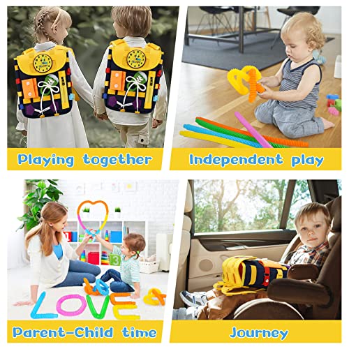 AstarX Toddler Busy Board,30-IN-1 Backpack Learning Activity Toys with 10 Pcs Pop Tubes Fidget Toys for Kids 1 2 3 Years Old