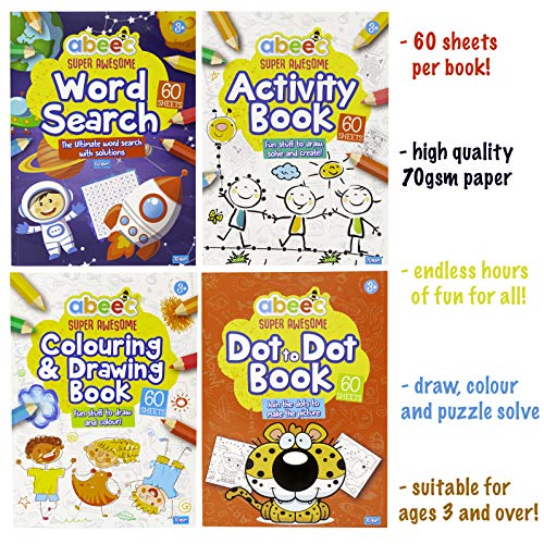 abeec Activity Books for Children - 4 A4 Books Containing: Word Search, Dot to Dot and Colouring Books for Children. Kids Travel Activity Packs for Kids