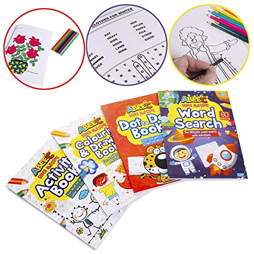 abeec Activity Books for Children - 4 A4 Books Containing: Word Search, Dot to Dot and Colouring Books for Children. Kids Travel Activity Packs for Kids