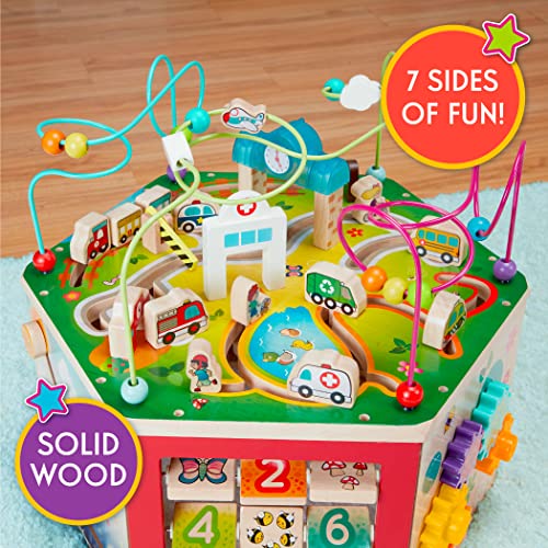 Battat – Wooden Activity Cube – Toddler Activity Center – Baby Play Cube – Bead Maze – CurioCity – 12 Months +